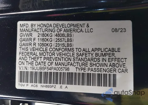 2023 Acura Tlx A-Spec Package из США, поврежденный, VIN 19UUB5F54PA005798